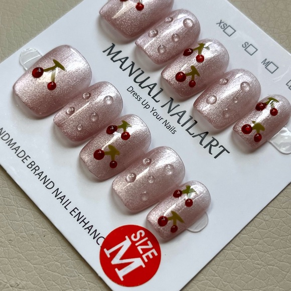 Cherry 3D Press On Nails handmade reusable 10 pc short length cat eye glossy NWT - Picture 7 of 9